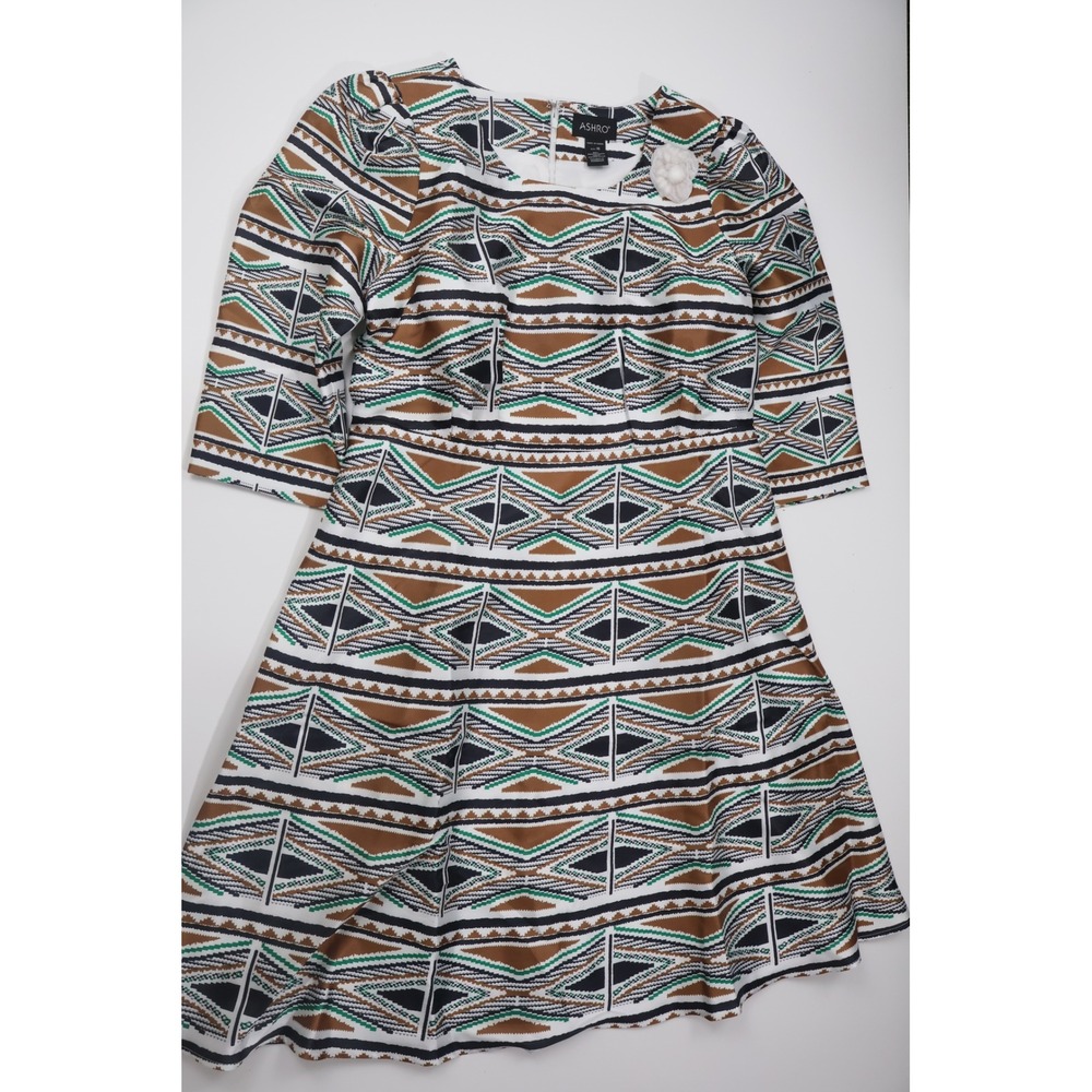 Ashro Fit and Flare Dress Geometric Tribal Print 16 Brown Green Polyester Casual